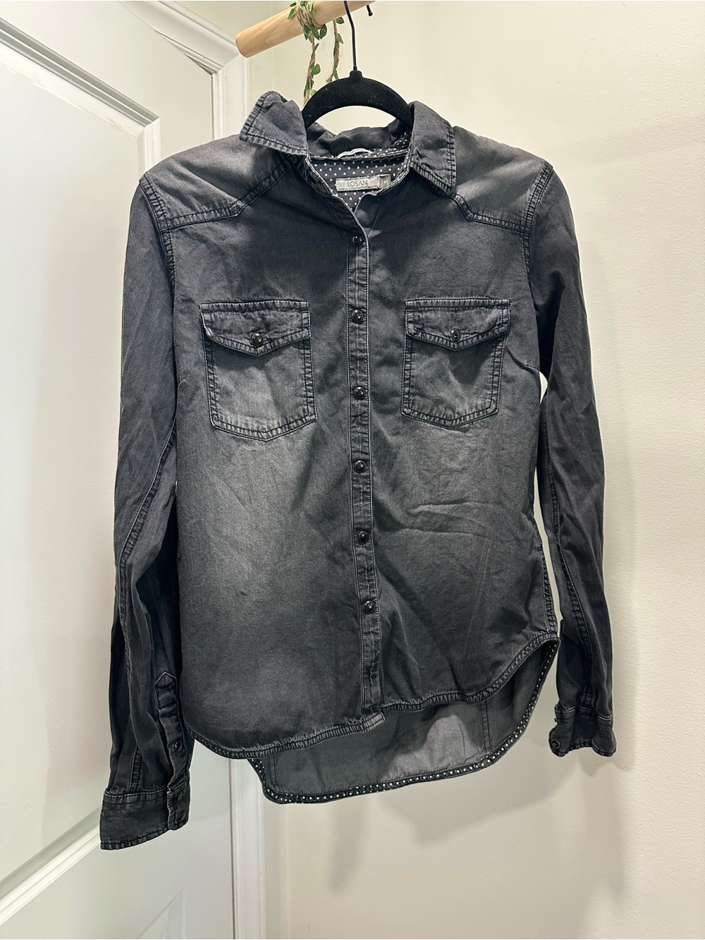 LOSAN Faded Black Denim Snap Front Shirt Womens Size M